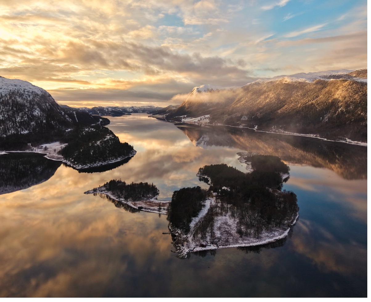 Aerial winter view of Sømliøya and surrounding fjord