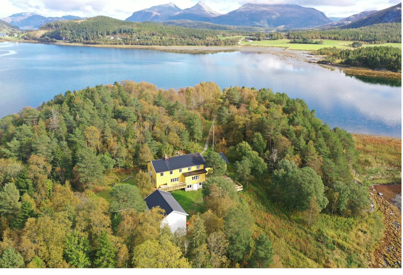 Aerial view of island buildings surrounded by forest and fjord