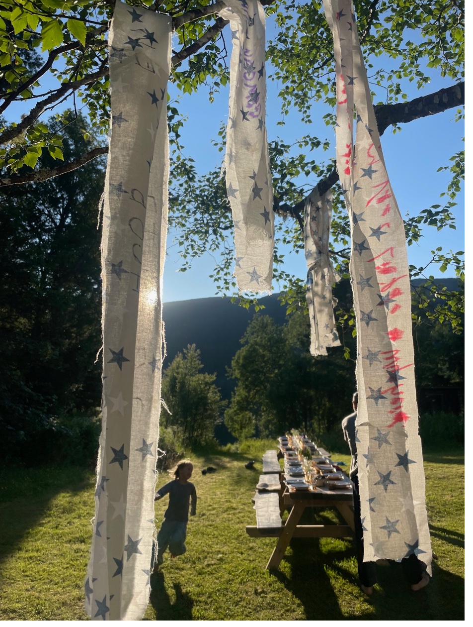Decorated fabric banners hanging from birch trees with set table behind